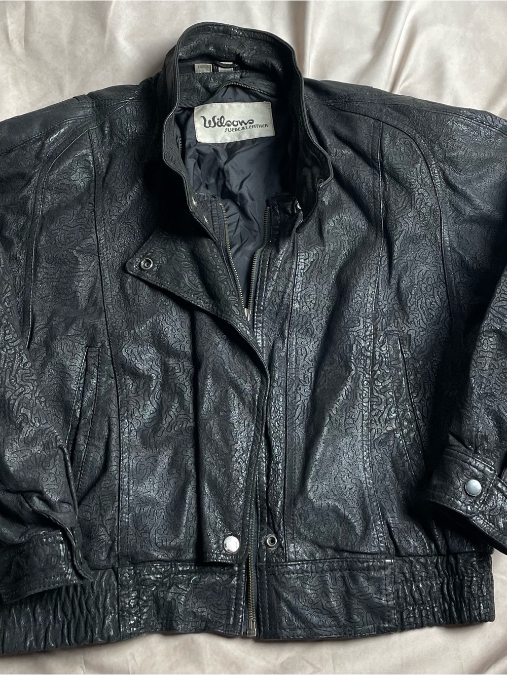 Wilsons Leather Vintage Black Genuine Leather Embossed Moto Jacket Size M